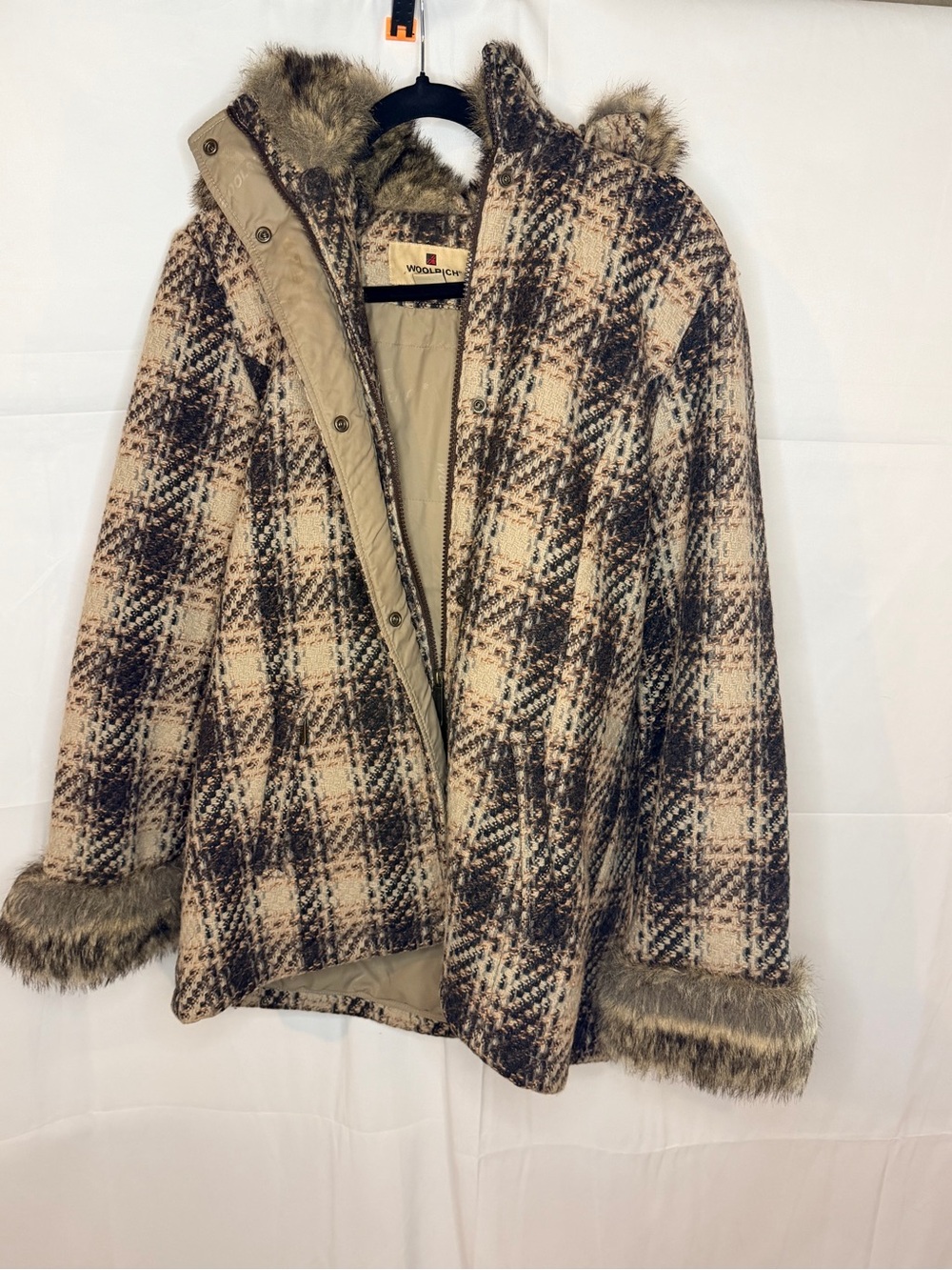 Woolrich Plaid Hooded Pea Coat with Faux Fur Trim - Beige & Brown